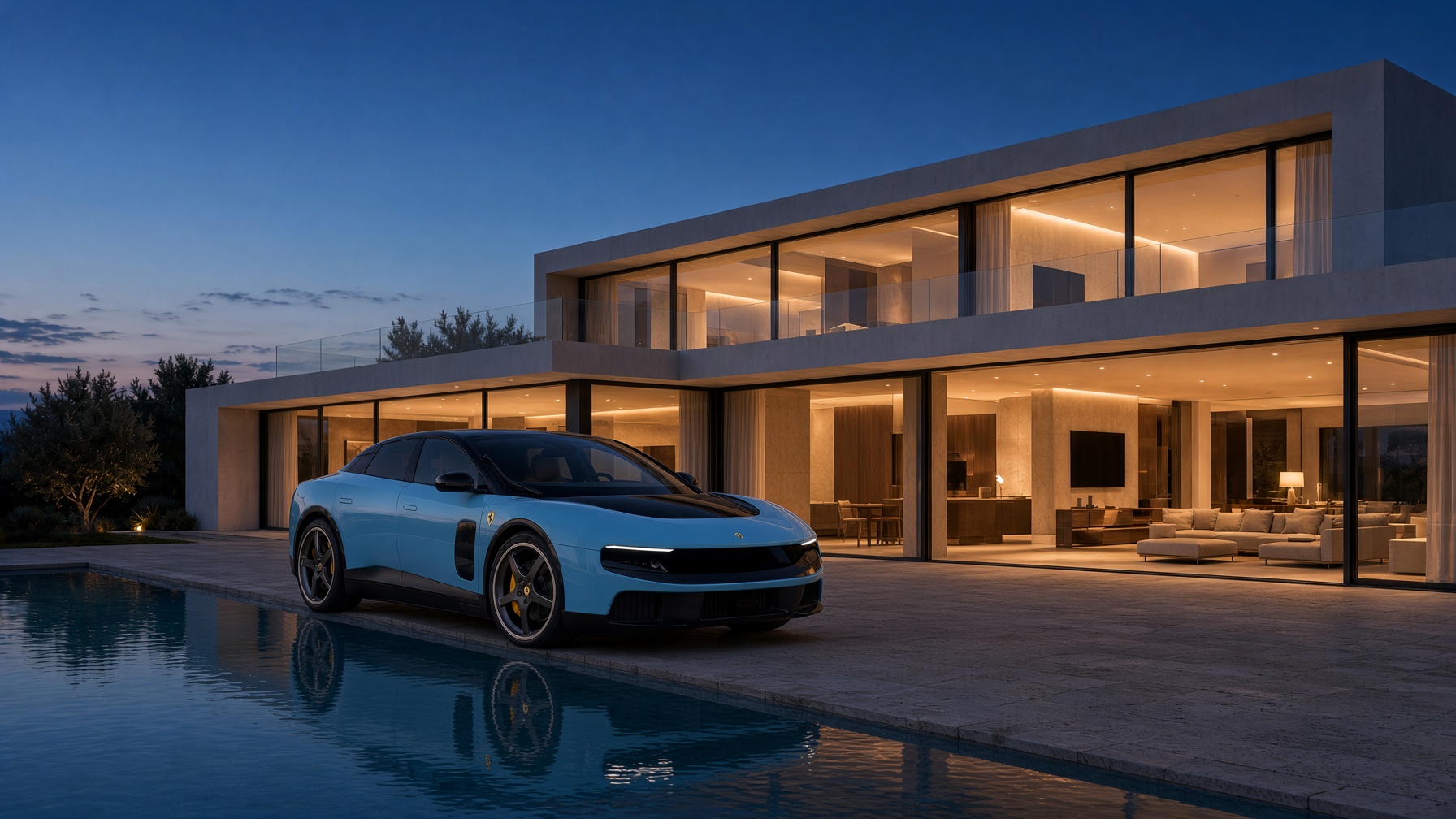 Villa sur la Costa del Sol au crépuscule. Ferrari Luce. Visualisation AIRVOLT.